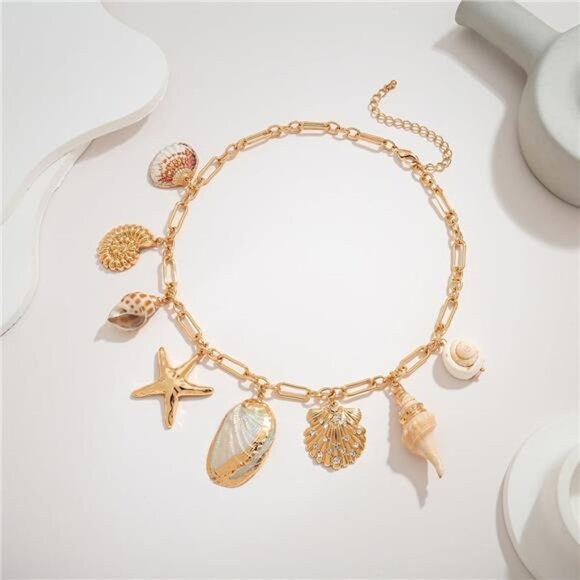 Gold Seashell Necklace | Conch & Starfish Pendant, Ocean-Inspired Jewelry. - Picture 5 of 5